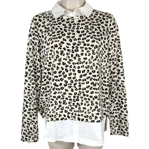 Zac and Rachel Mock Layer Knit Top Sweater Women Size S Leopard Print Long Slv - Picture 1 of 10